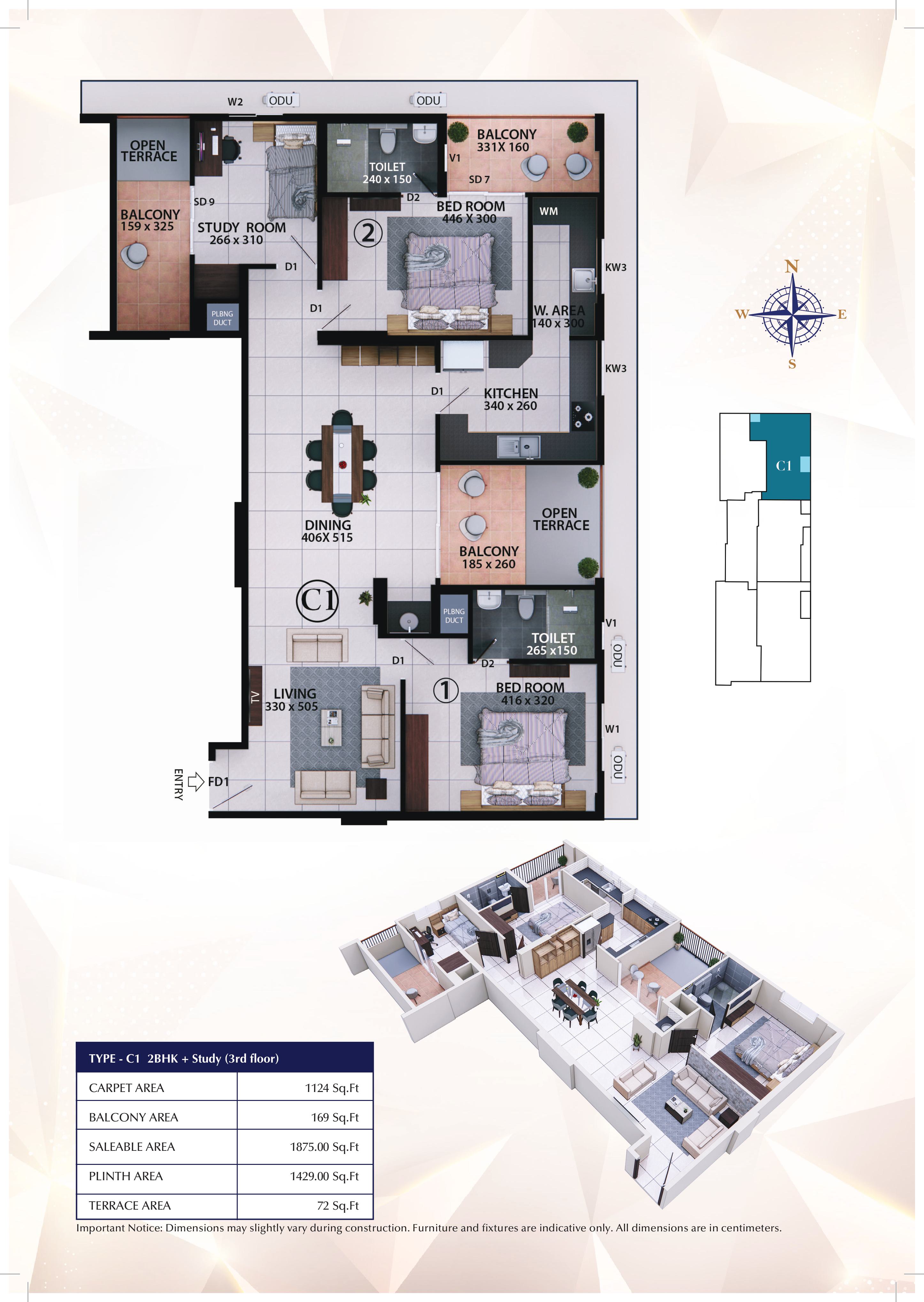 3 BHK Plan, Block A